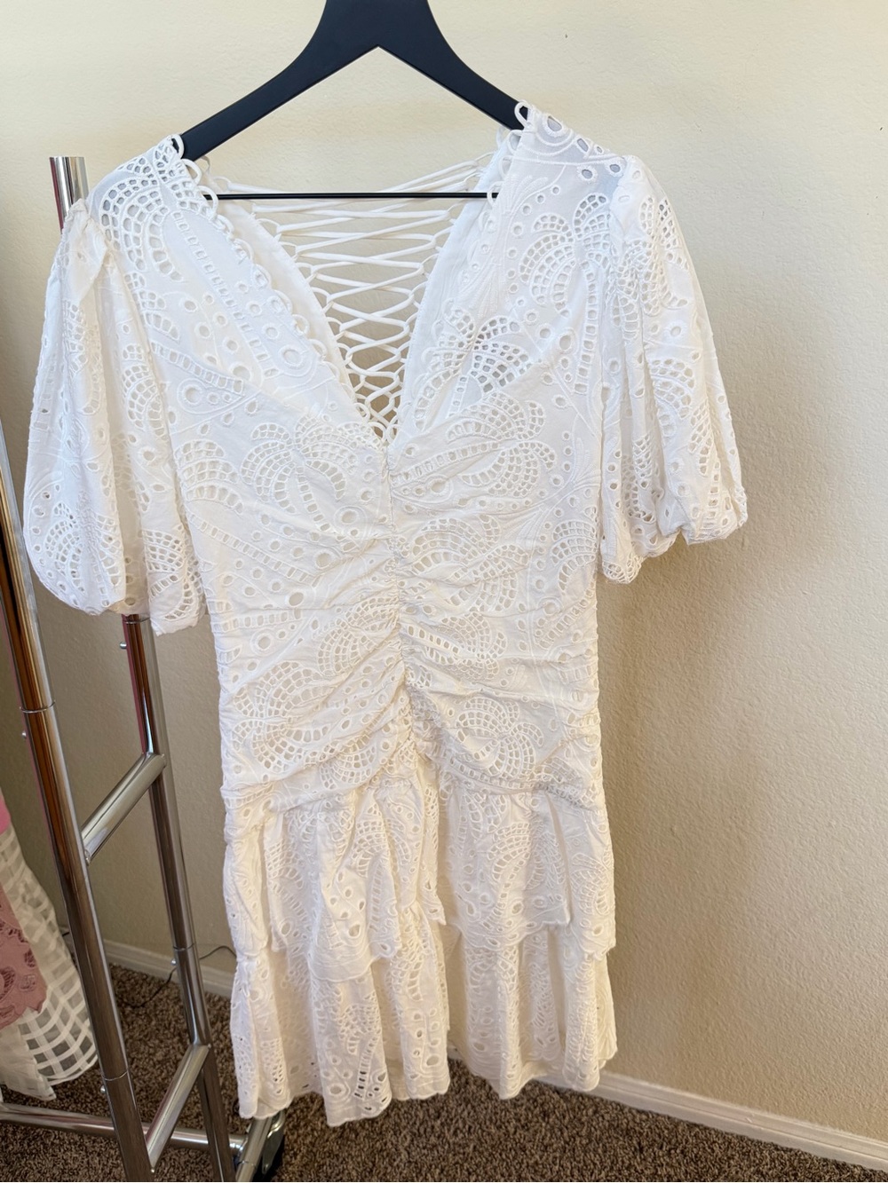 FARM Rio White Eyelet Lace-Up V-Neck Mini Dress
